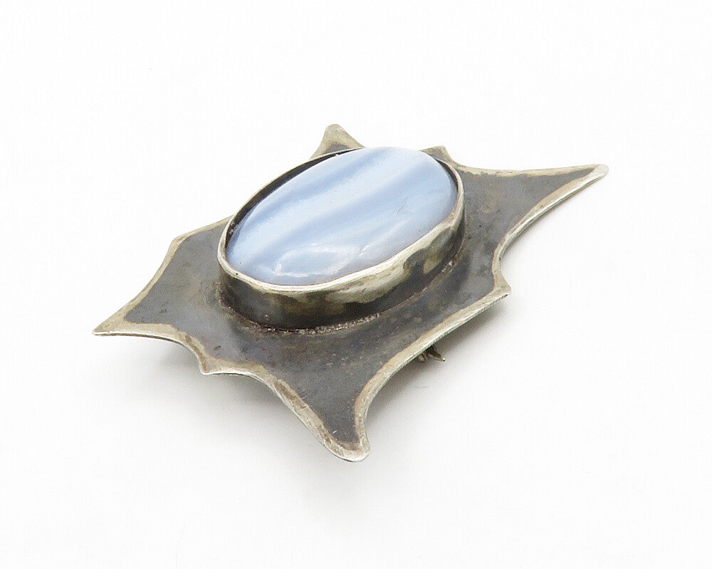ALICE 925 Sterling Silver  Vintage Cabochon Cut Blue Agate Brooch Pin  BP5181