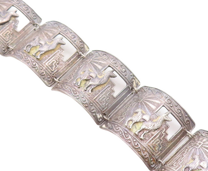 925 Sterling Silver  Vintage Antique Alpaca Scene Curved Chain Bracelet BT2394