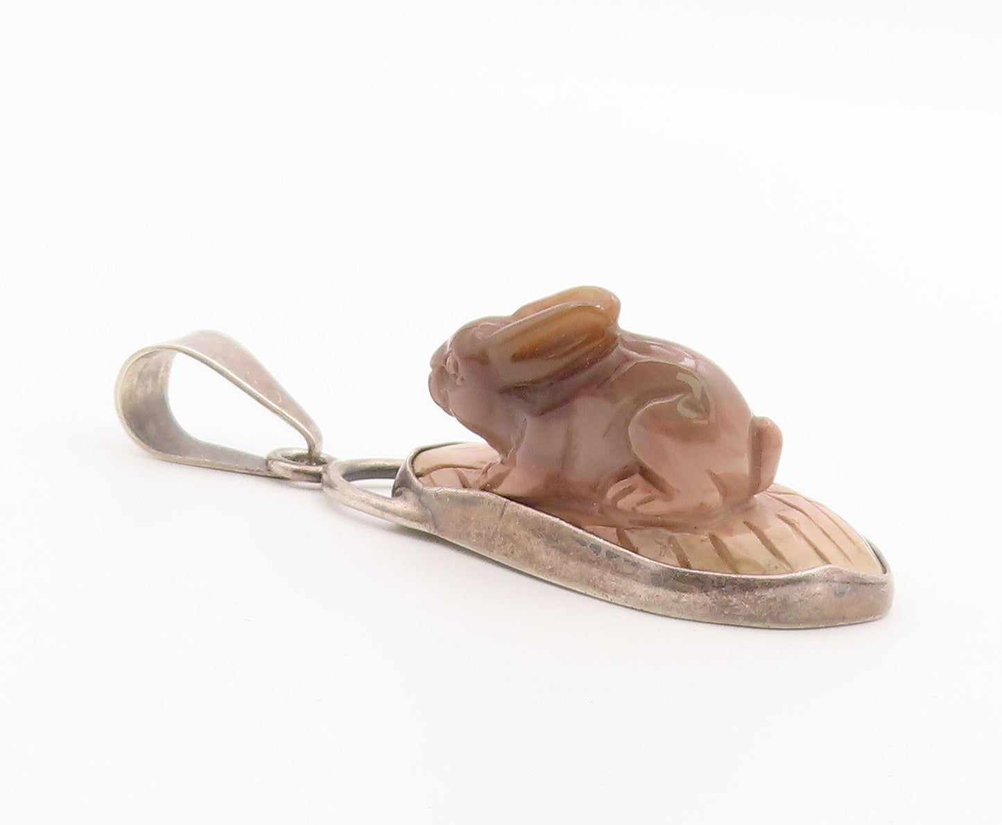 925 Sterling Silver Vintage Pendant OBSIDIAN Jasper Carved Rabbit  PT26371