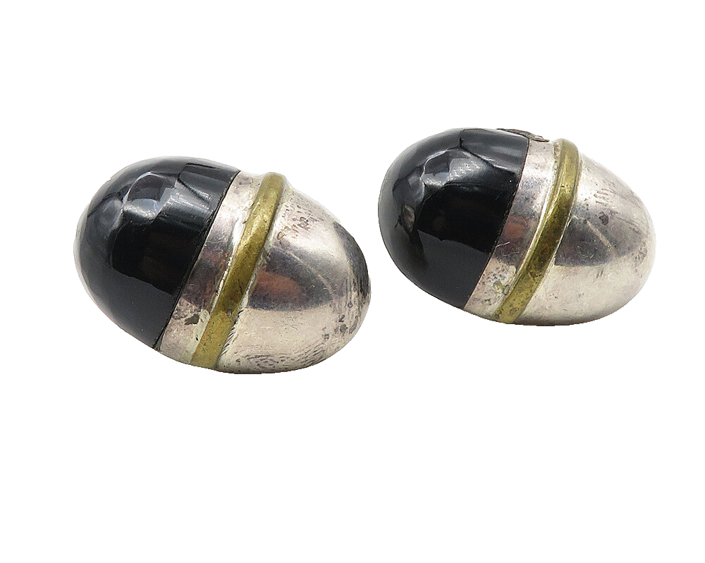 925 Sterling Silver  Vintage Black Onyx Two Tone Dome Drop Earrings  EG5884