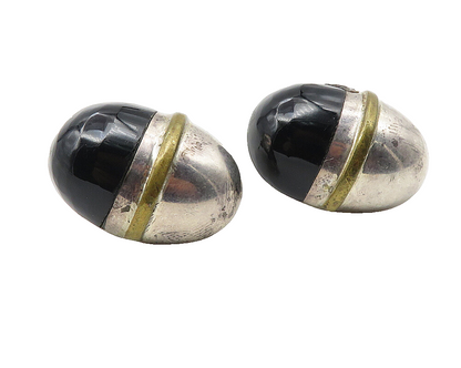 925 Sterling Silver  Vintage Black Onyx Two Tone Dome Drop Earrings  EG5884