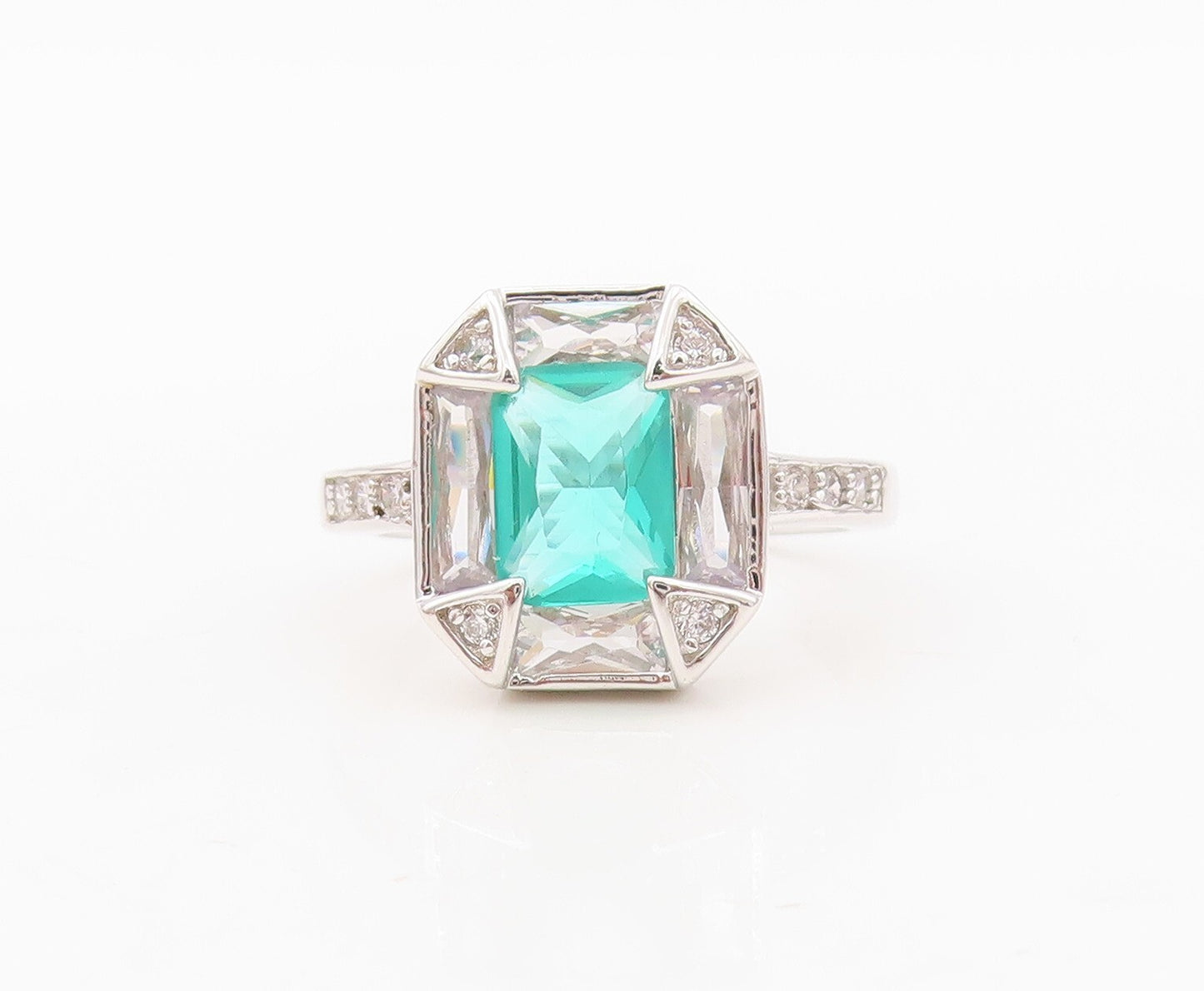 925 Sterling Silver Vintage Ring Rectangle Sea Green & White CZ  Sz 7 RG30448