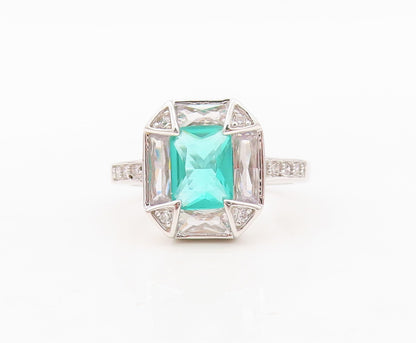 925 Sterling Silver Vintage Ring Rectangle Sea Green & White CZ  Sz 7 RG30448