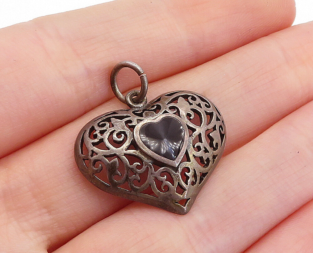 925 Sterling Silver  Vintage Inlaid Black Onyx Swirl Love Heart Pendant PT3553
