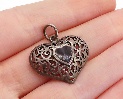 925 Sterling Silver  Vintage Inlaid Black Onyx Swirl Love Heart Pendant PT3553