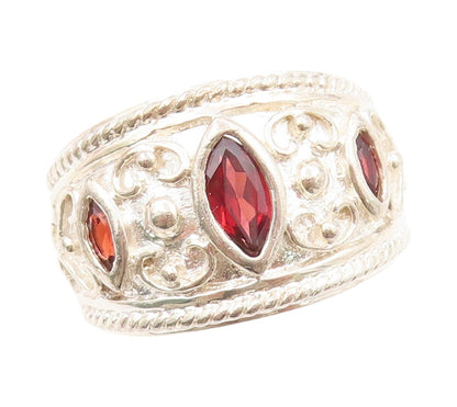 925 Sterling Silver Vintage Ring Swirly Carved Marquise Cut Garnet Sz 7  RG31834