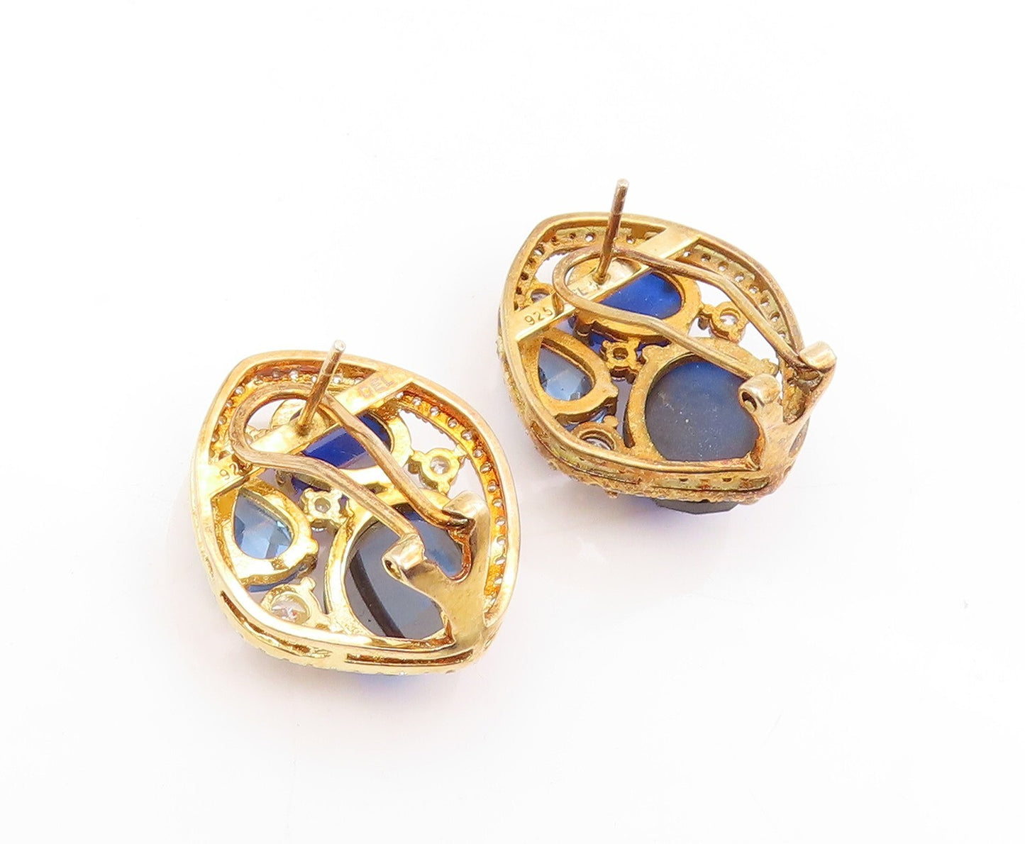 925 Sterling Silver Vintage Earrings Gold Plated Sapphire CZ Blue Topaz  EG13319
