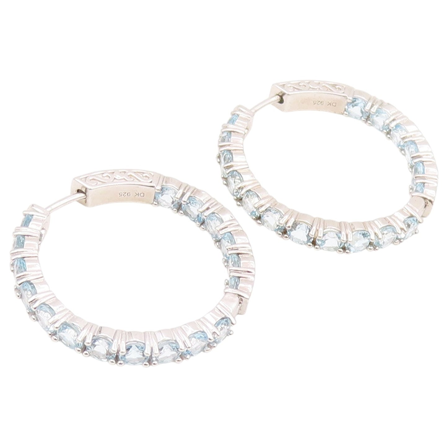925 Sterling Silver Vintage Earrings Elegant Round Cut Blue Topaz Hoops  EG14454