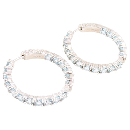 925 Sterling Silver Vintage Earrings Elegant Round Cut Blue Topaz Hoops  EG14454
