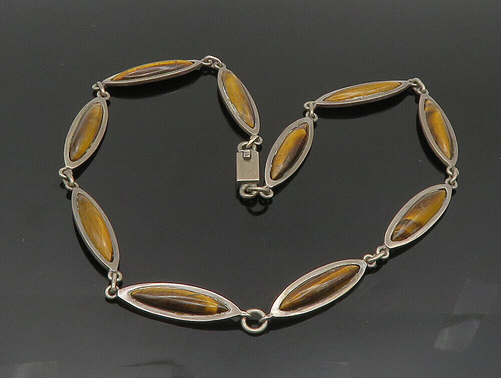 MEXICO 925 Sterling Silver Vintage Tiger's Eye Needlepoint Link Necklace  NE3850