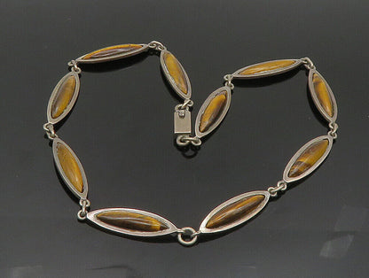 MEXICO 925 Sterling Silver Vintage Tiger's Eye Needlepoint Link Necklace  NE3850