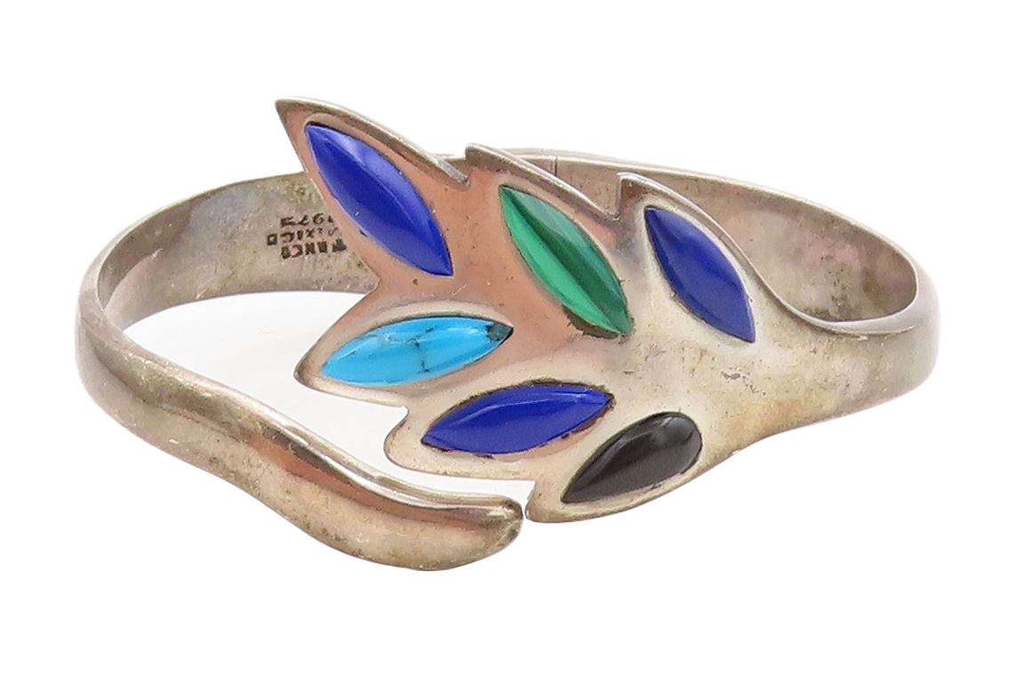 TAXCO MEXICO 925 Silver  Vintage Lapis Lazuli Turquoise & Onyx Bracelet BT2017