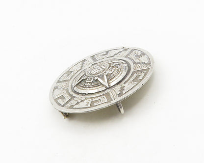 MEXICO 925 Silver  Vintage Shiny Mayan Aztec Sun Calendar Brooch Pin  BP7558