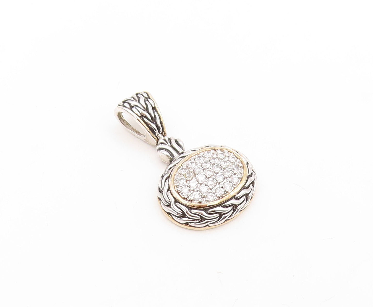925 Sterling Silver Vintage Pendant Minimalist Carved Oval CZ Inlay  PT23605