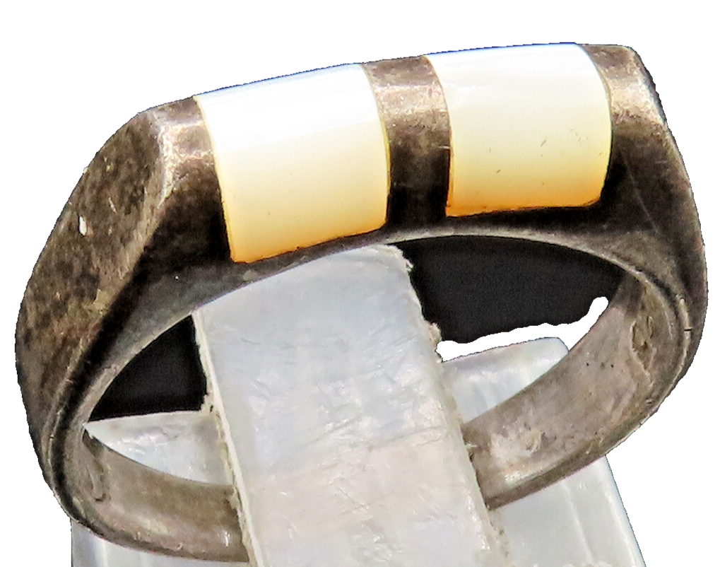 925 Silver  Vintage Oxidized Mother Of Pearl Square Dome Ring Sz 5  RG24563