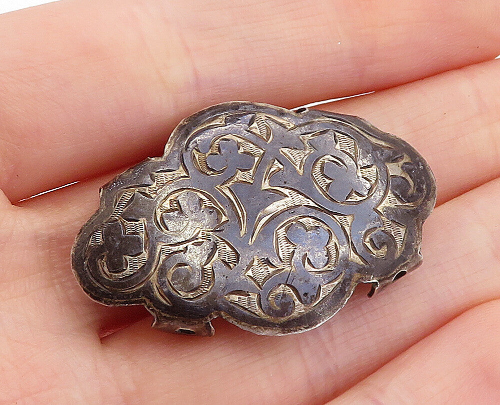 JAPAN 925 Silver  Vintage Antique Two Tone Floral Pattern Brooch Pin  BP1694