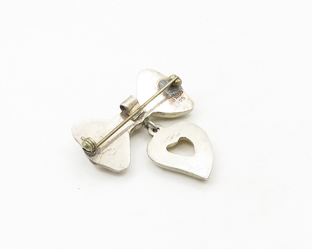 MEXICO 925 Silver  Vintage Shiny Ribbon Bow& Love Heart Brooch Pin  BP7111