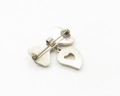 MEXICO 925 Silver  Vintage Shiny Ribbon Bow& Love Heart Brooch Pin  BP7111