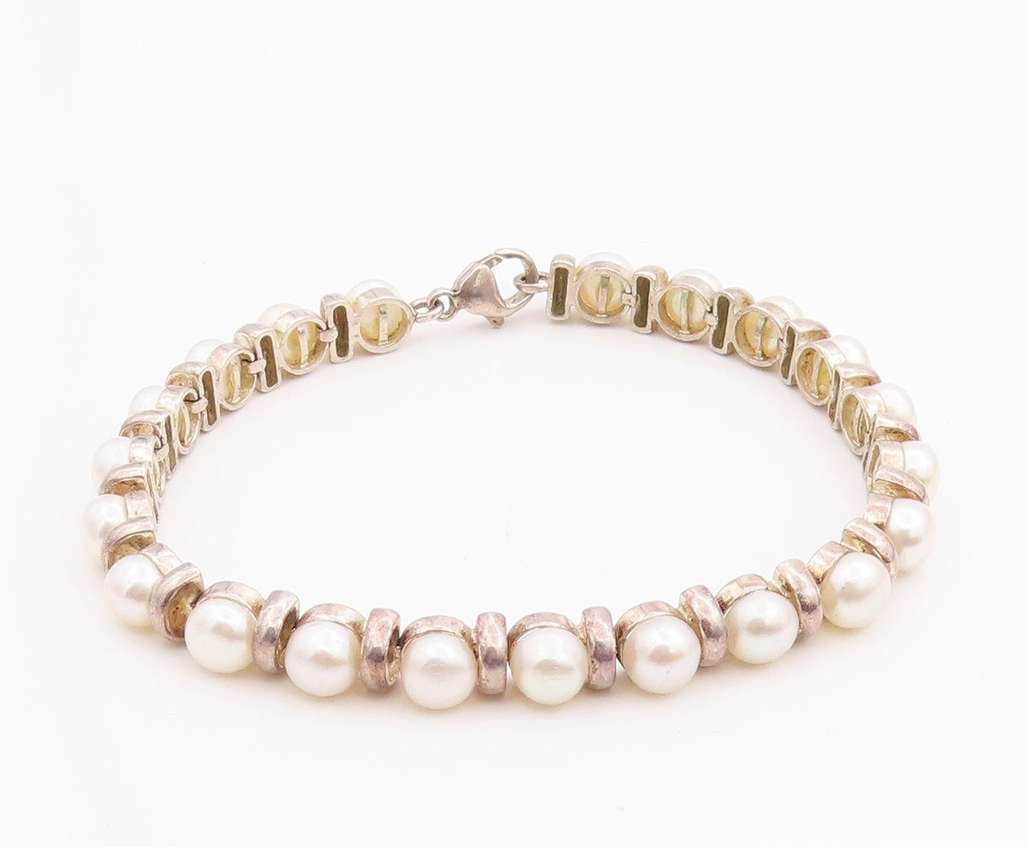 925 Sterling Silver Vintage Bracelet Disk & Pearl Band  BT11348