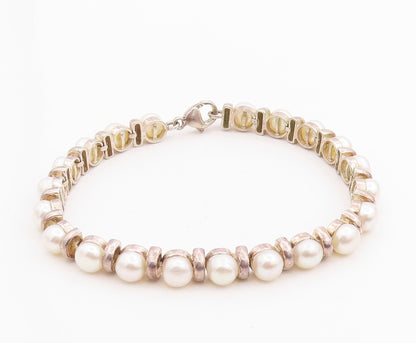 925 Sterling Silver Vintage Bracelet Disk & Pearl Band  BT11348