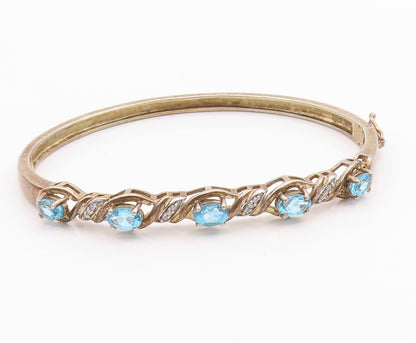 925 Sterling Silver Vintage Bracelet Swirly Diamonds & Oval Topaz Bangle BT11350