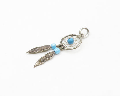 925 Sterling Silver  Vintage Petite Turquoise Dream Catcher Pendant  PT13545