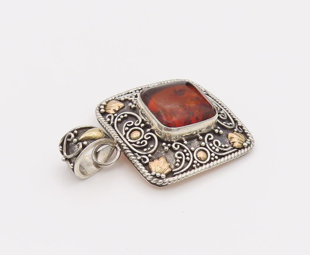 18k GOLD & 925 Silver  Vintage Square Bali Swirly Amber Pendant  PT22173