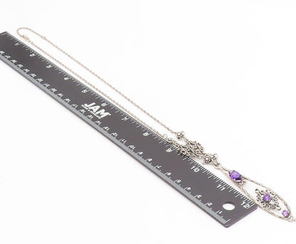 925 Sterling Silver Vintage Necklace Purple Amethyst & Pearl Floral Drop  NE4756