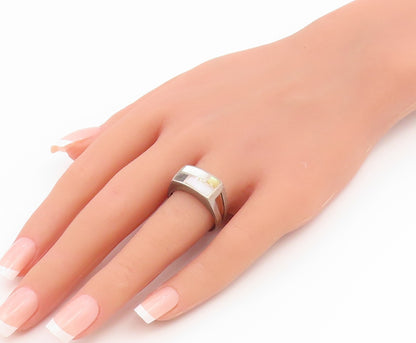 925 Sterling Silver Vintage Ring Mother Of Pearl Geometric Inlay  Sz 9  RG36926