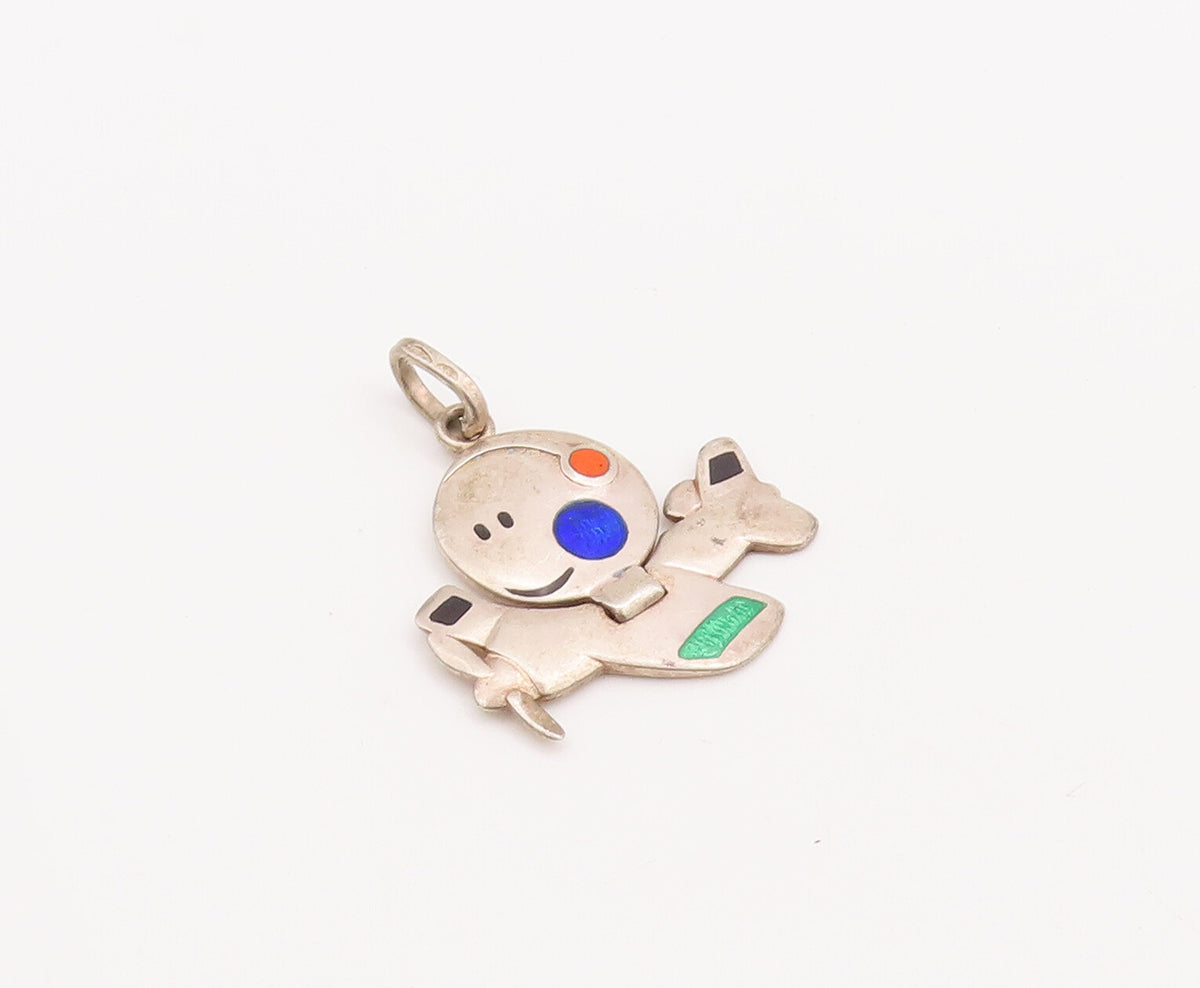 925 Sterling Silver Vintage Pendant Enameled Smiling Sun On Aeroplan  PT23130