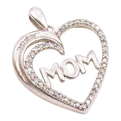 925 Sterling Silver  Vintage Genuine Diamonds Mom Love Heart Pendant  PT12946
