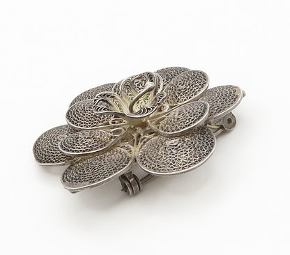 MEXICO 925 Sterling Silver  Vintage Filigree Flower Motif Brooch Pin  BP5897