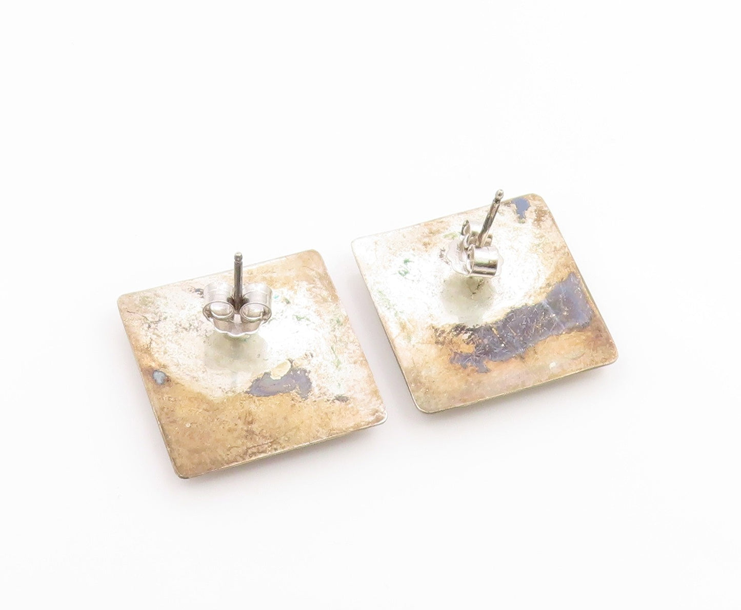 925 Sterling Silver Vintage Earrings Crushed Opal & Onyx Geometric Inlay EG14282