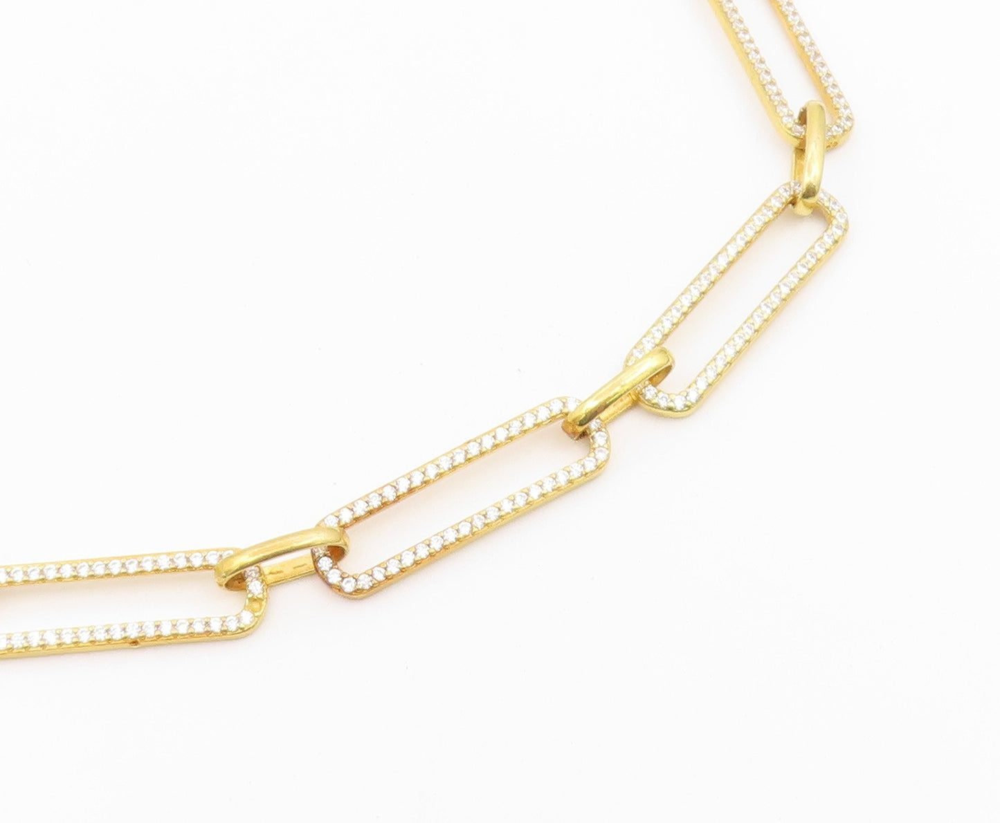 925 Sterling Silver Vintage Necklace Gold Plated CZ Paperclip Link Chain  NE4930