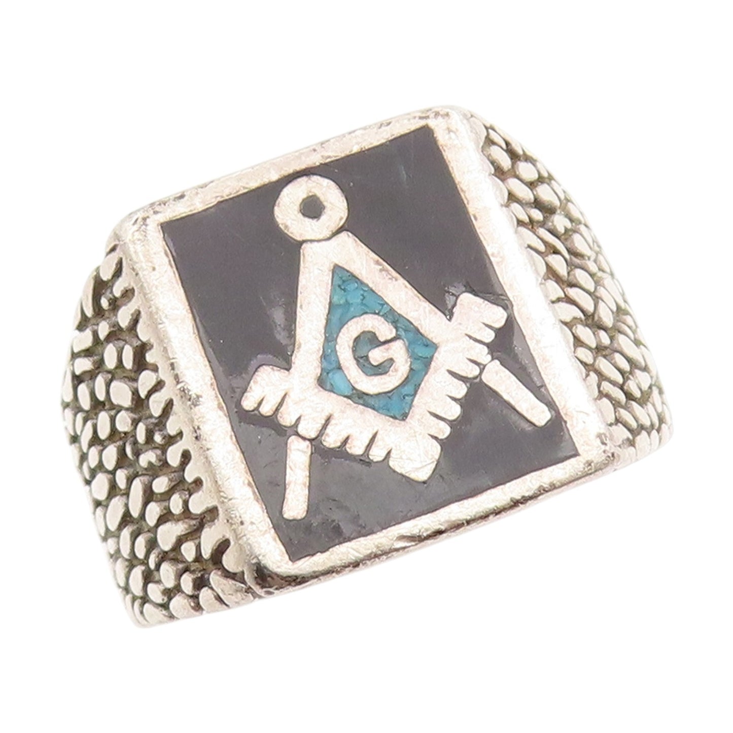 925 Sterling Silver Vintage Ring Crushed Turquoise Freemason Band Sz 12 RG34893