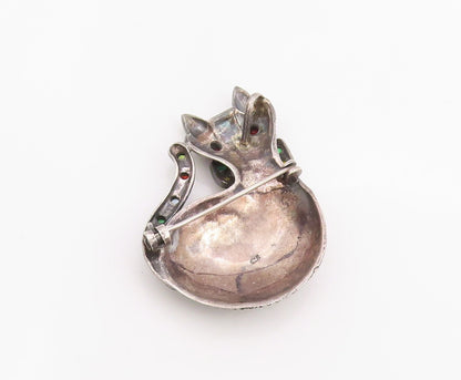 925 Sterling Silver Vintage Brooch Multi Gemstone Cat With Bowtie Pin  BP11999