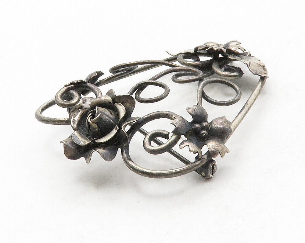 925 Sterling Silver  Vintage Oxidized Floral Swirl Design Brooch Pin  BP4952