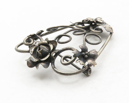 925 Sterling Silver  Vintage Oxidized Floral Swirl Design Brooch Pin  BP4952