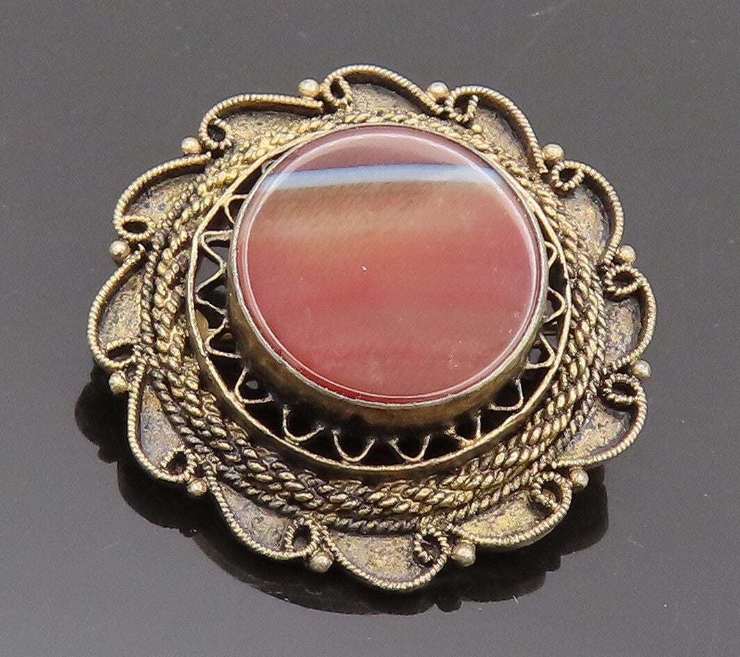 925 Silver  Vintage Brown Agate Halo Golden Filigree Work Brooch Pin  BP10325