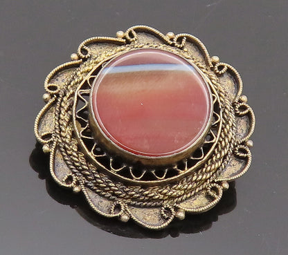925 Silver  Vintage Brown Agate Halo Golden Filigree Work Brooch Pin  BP10325