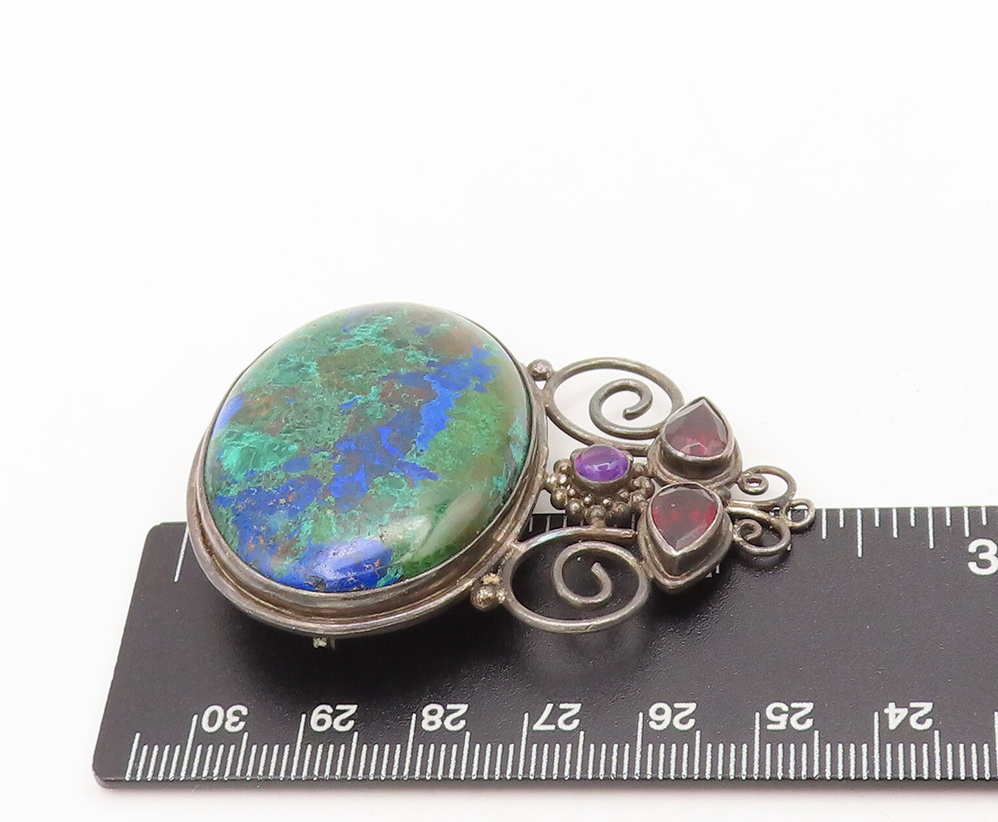 925 Sterling Silver Vintage Brooch Pin SAJEN Azurite Garnet & Amethyst  BP10619