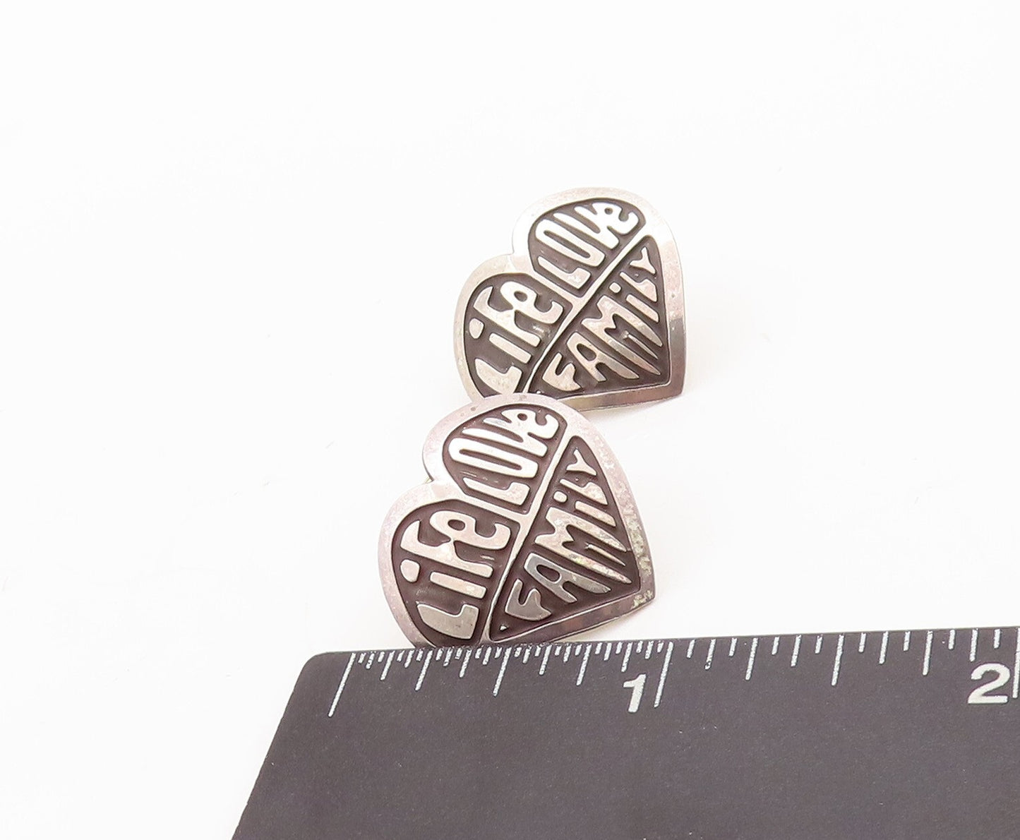 925 Sterling Silver Vintage Earrings Life Love Family Etched Heart  EG13136