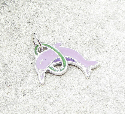 925 Sterling Silver Enamel Hoop Jumping Dolphin Charm Pendant PT1441