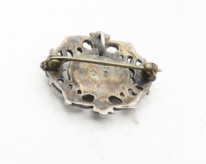 925 Sterling Silver  Vintage Inlaid Black Onyx Floral Brooch Pin  BP3649
