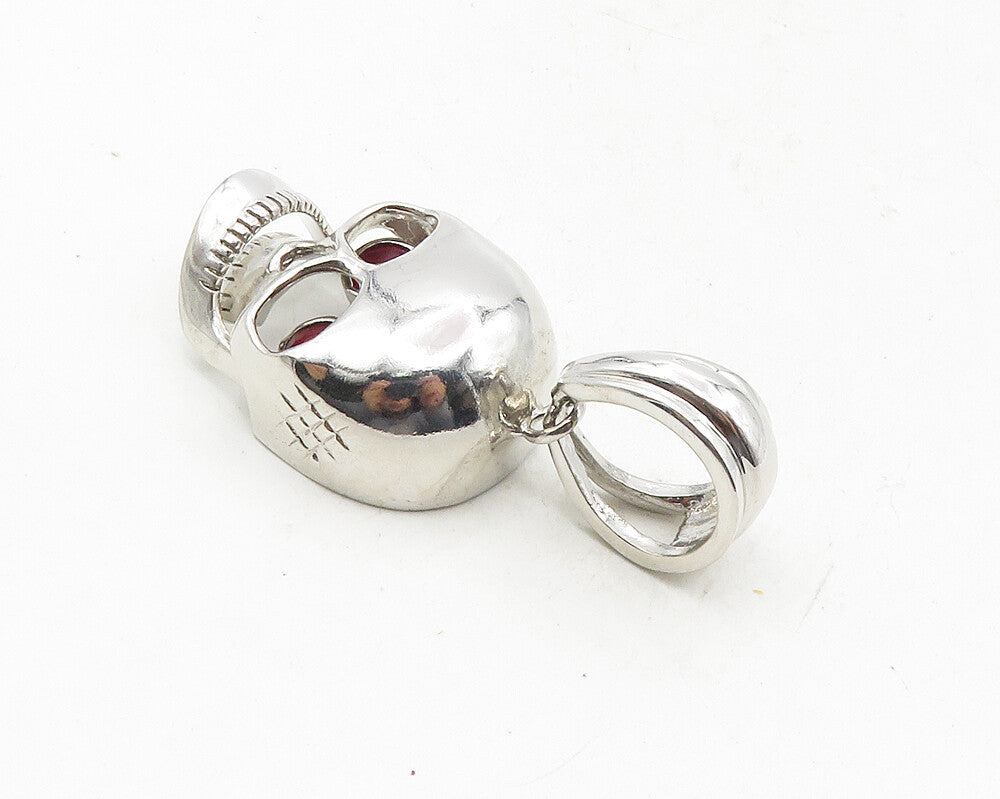 925 Sterling Silver  Pink Topaz Shiny Skull Head Motif Drop Pendant  PT7842