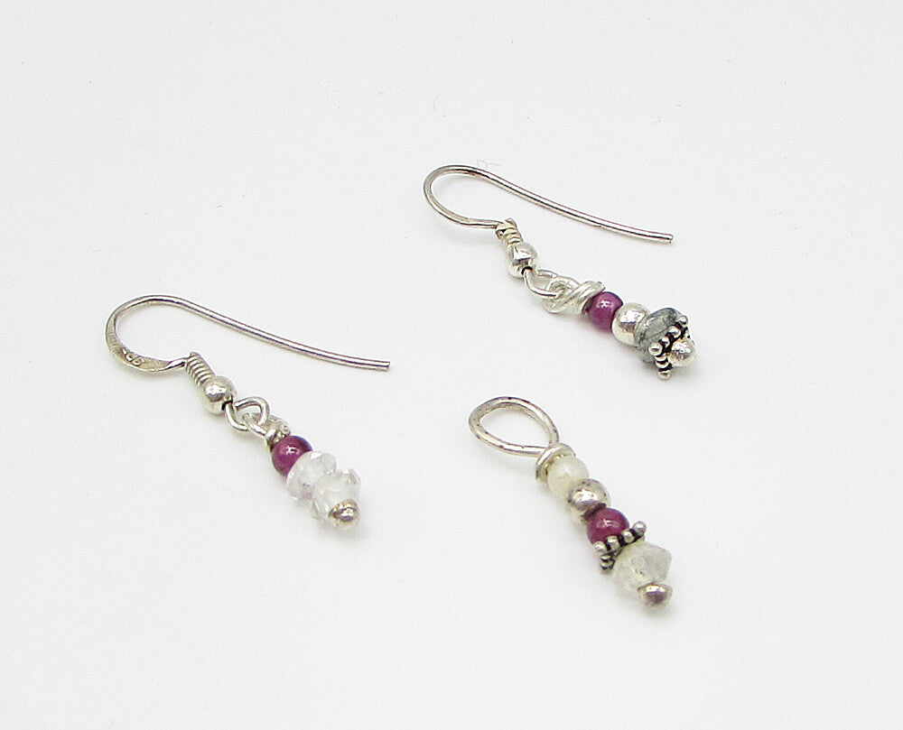 925 Sterling Silver Multi Colored Beaded Pendant & Earrings Set TR1036