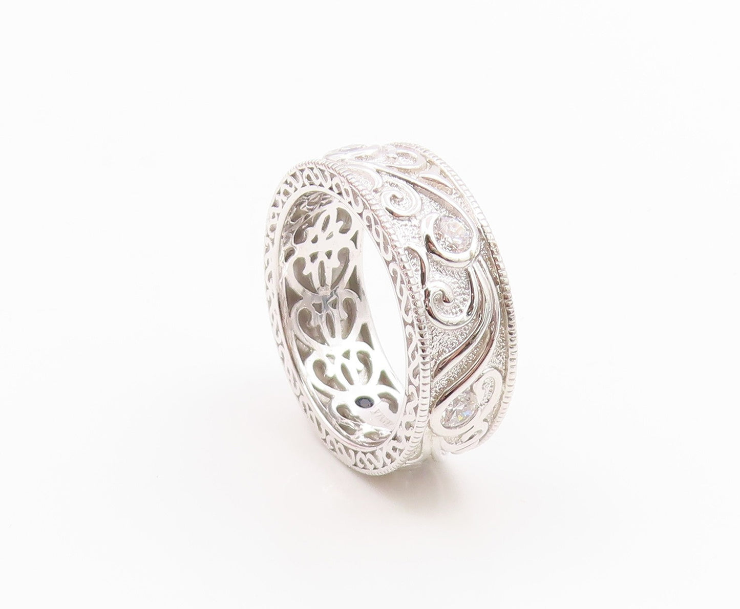 925 Sterling Silver Vintage Ring VANNA K CZ Leaf Scrollwork Band  Sz 8  RG35876