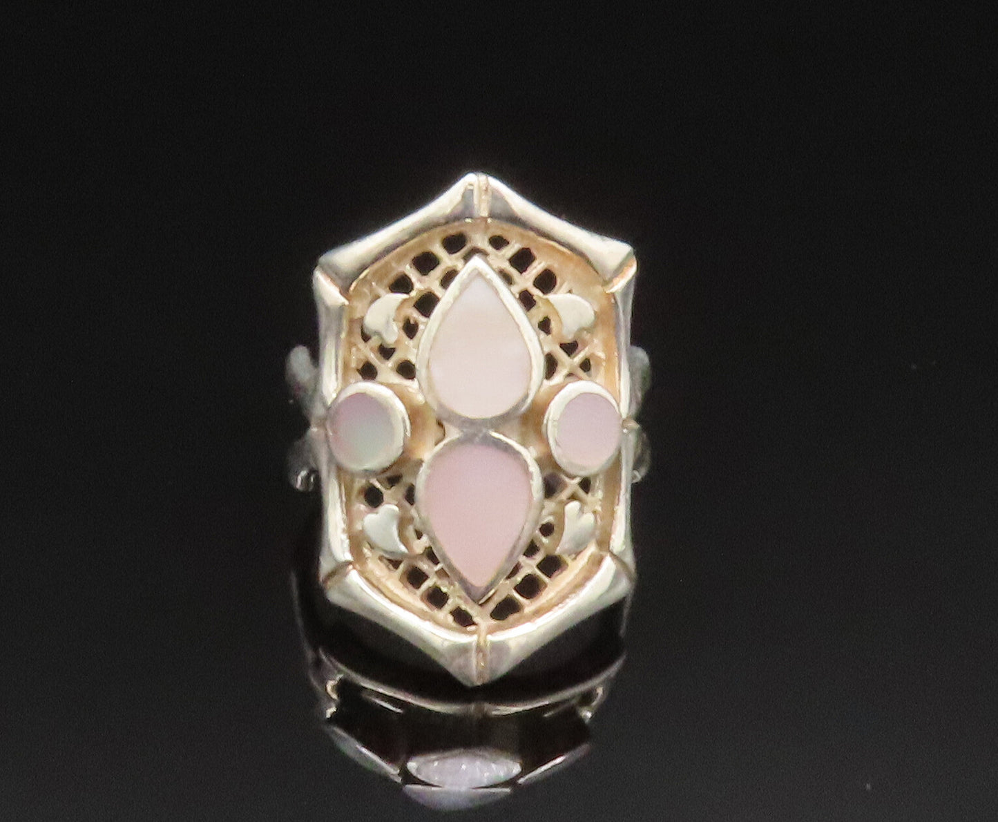 925 Sterling Silver  Vintage Mother Of Pearl Open Fence Ring Sz 6.5  RG25215