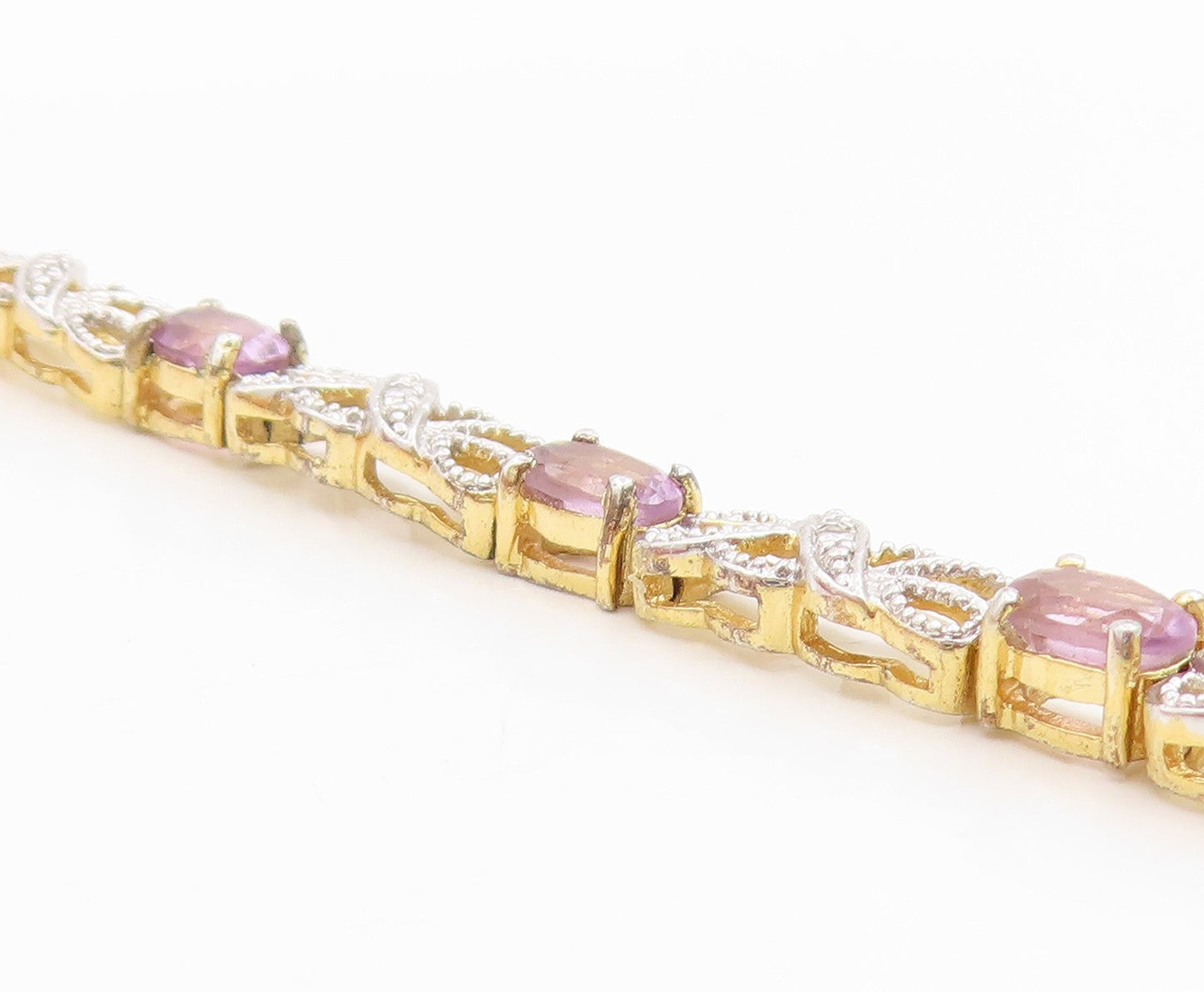 925 Sterling Silver Vintage Bracelet Gold Plated Elegant Amethyst Link  BT12007