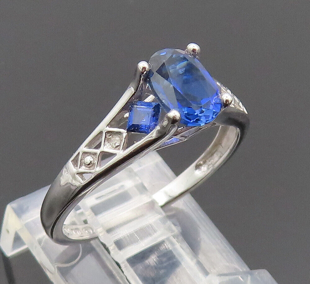 10K GOLD  Vintage Real Diamonds & Blue Sapphire White Gold Ring Sz 6.5  GR693